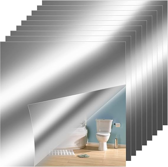 Xinjieda 9 Pcs Mirror Tiles Self Adhesive Acrylic Mirror Sheet, Non Glass Mirror Tile Sticky