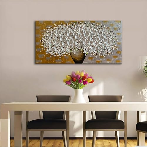 Miniatura 7 de zoinart Pinturas al óleo 3D pintadas a mano sobre lienzo, arte de pared de 24 x 48 pulgadas, pintura en lienzo floral blanco y gris, arte de pared