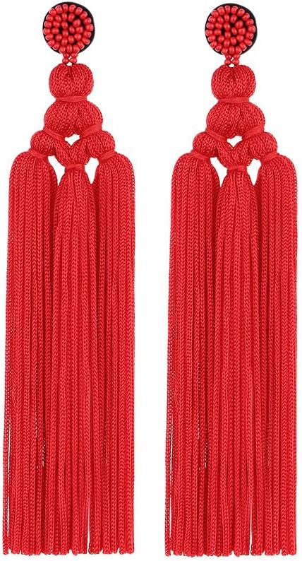 Bohemian Long Tassel Fringe Drop Earrings for Women - Large Beaded Chandelier Dangle, Handmade Woven Thread Layered Statement Jewelry