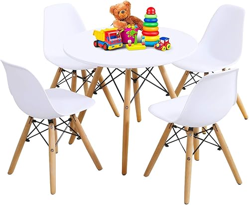 Costzon Juego de mesa y silla para niños, 5 piezas de escritorio para niños de estilo moderno de mediados de siglo con patas de madera, marco de