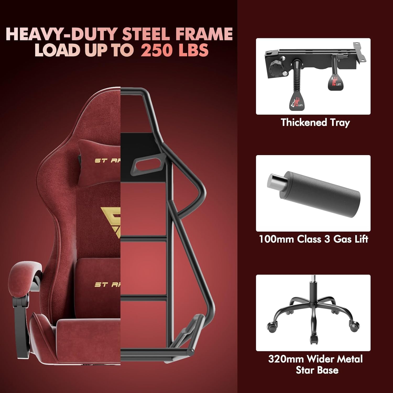 Silla Gaming Ergonómica con Masaje de Cintura,Silla Gamer Reposapiés y Reposacabezas Retráctil,Silla Oficina Material de Terciopelo cómodo,Rojo