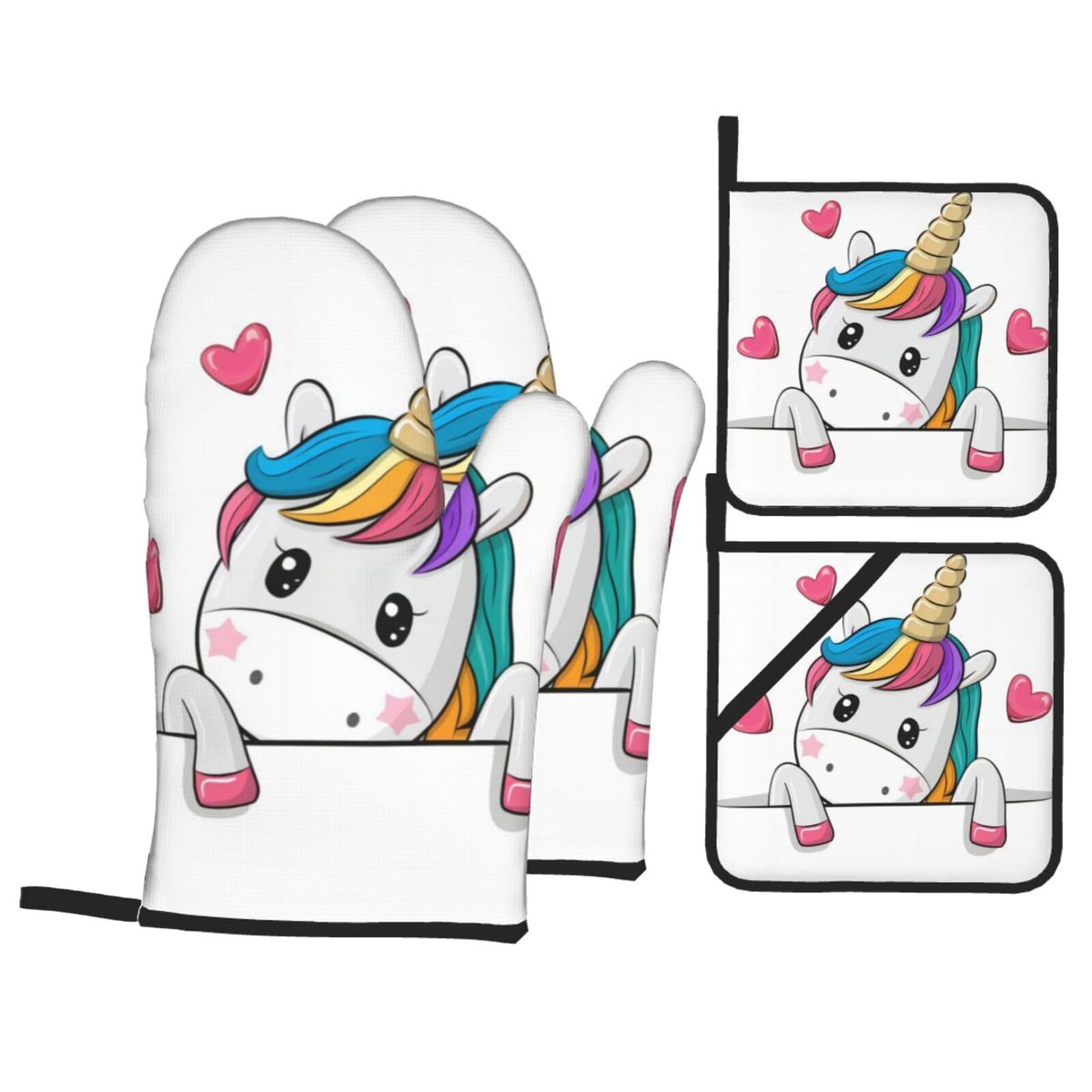 Cute Unicorns Printed Baking 4-Piece Set, includes oven mitts and a heat-resistant mat, suitable for oven and BBQ use