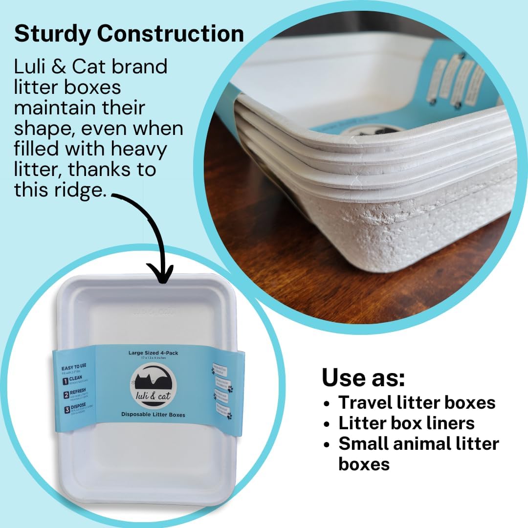 Luli & Cat Disposable Litter Boxes for Cats | Large Sized White Colored 4-Pack | Durable and Water Resistant