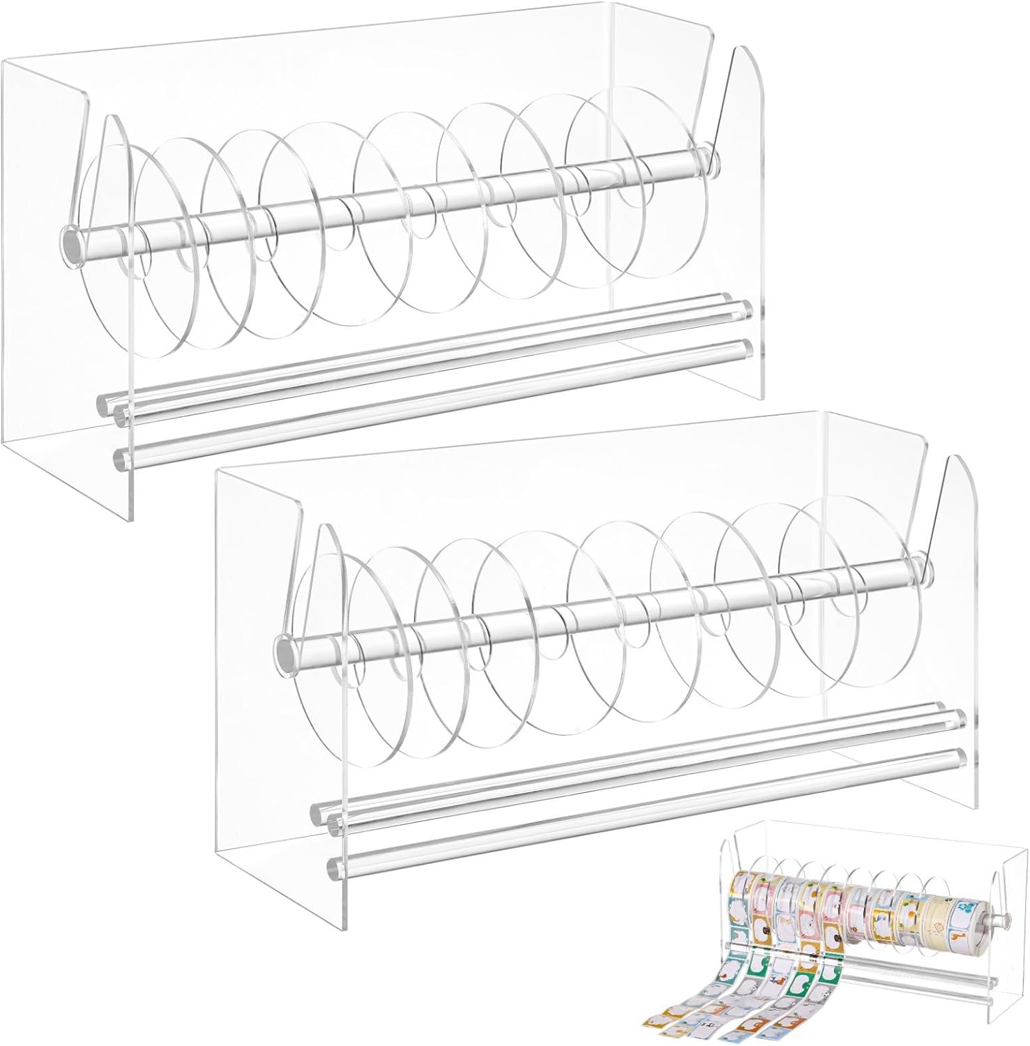 2 Pcs Clear Acrylic Label Roll Dispensers with Adjustable Dividers, Desktop Sticker Holders for Home & Office