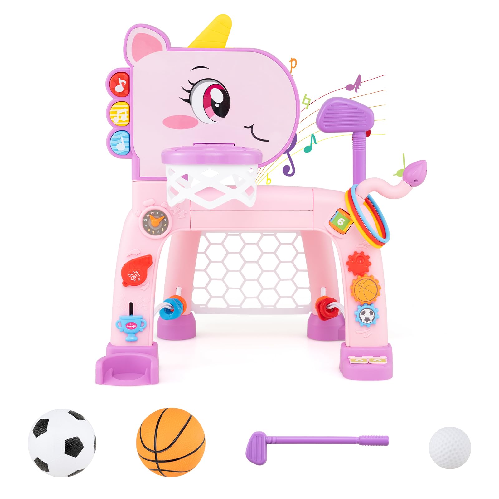 COSTWAY 4-in-1 Kids Basketball Stand with Golf, Soccer Ball (Pink)