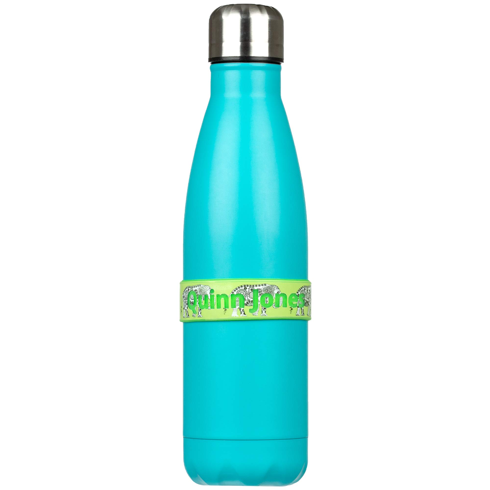 Custom Bottle Labels - 3 Pack - Silicone Bands for Baby Bottles, Kids Tumblers, Water Flasks - Personalized Pre-Printed Name, Waterproof School and Daycare Drink Identifiers - Green Elephants