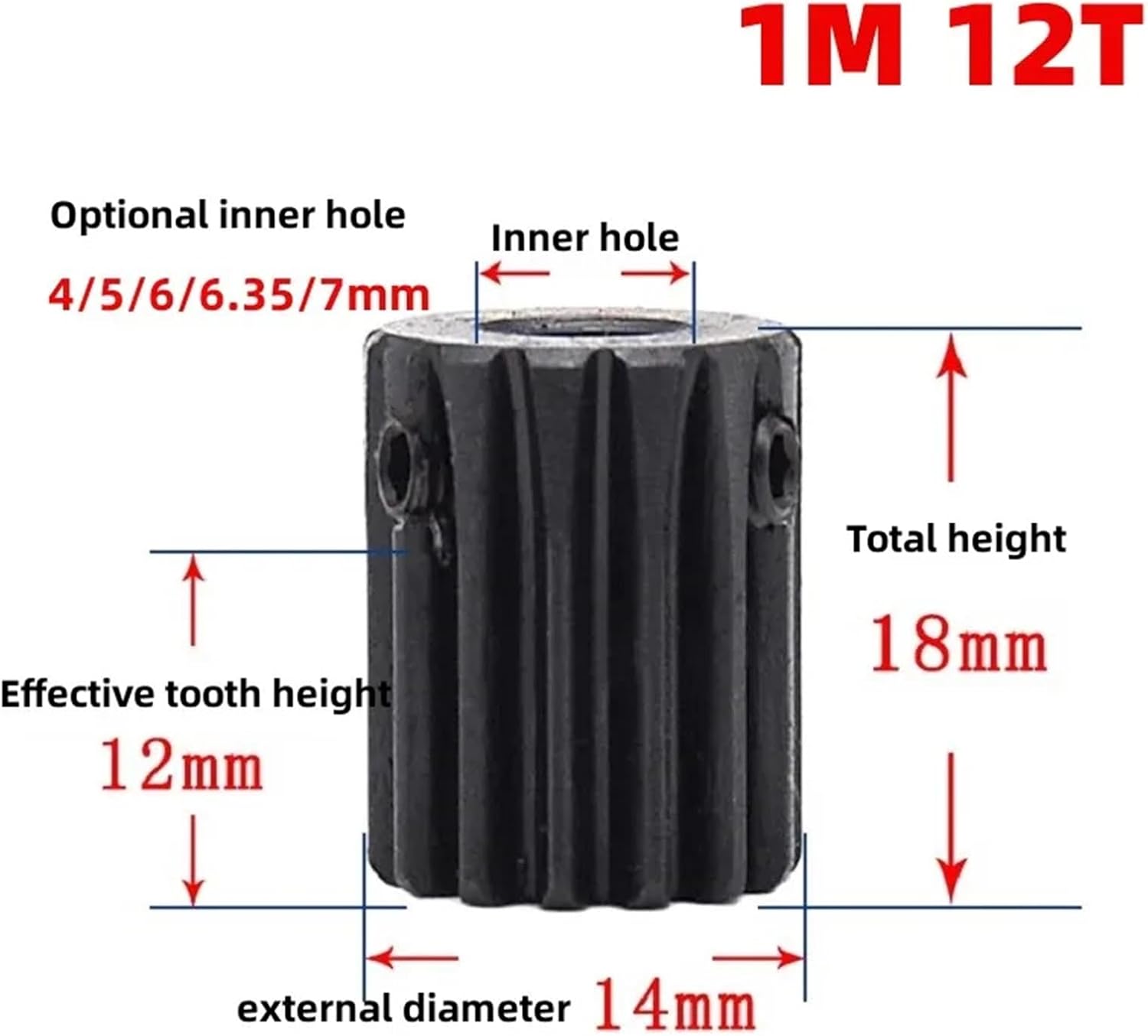 Gears 10T 12T 14T Bore 4 5 6 .35 7mm 45# Steel Spur Gear 1Pcs(6mm,14 Teeth)