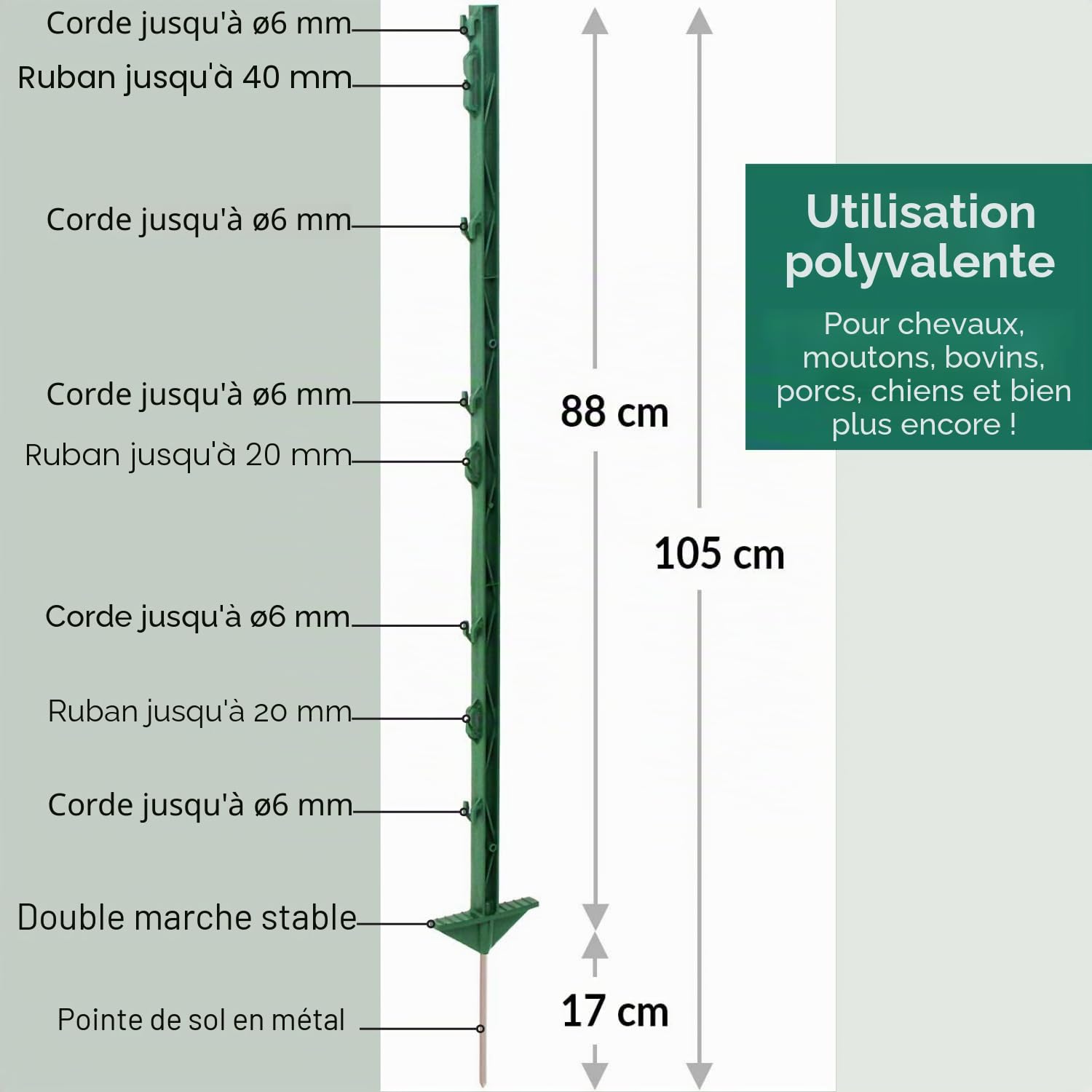 Agrarzone [10x] Piquets de clôture en plastique 105 cm, double piétinement vert - 5/10/20/40 pièces piquets en plastique durables 8 œillets - piquet de clôture robuste