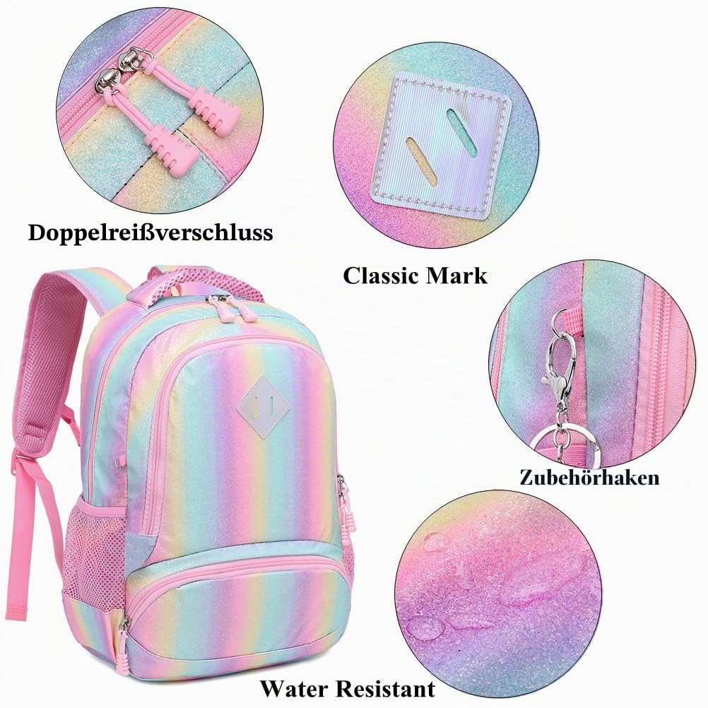 Mädchen Schulrucksack Regenbogen Rucksack Glitzer Teenager Schultaschen Set Bunte Schulrucksäcke Tagesrucksack für Reise Arbeit Hochschule