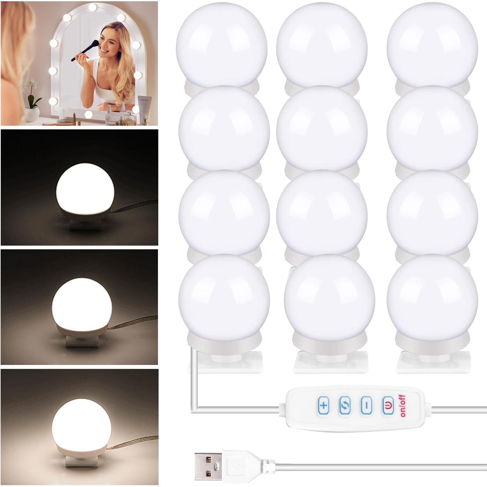 Luz de Maquillaje Led con 12 Bombillas Regulables, 3 Modos de Color, Luces de Vanidad para Tocador