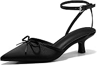 Coutgo Women's Satin Kitten Low Heels with Bow - Pointed Toe Ankle Strap Pumps for Wedding Party Dress