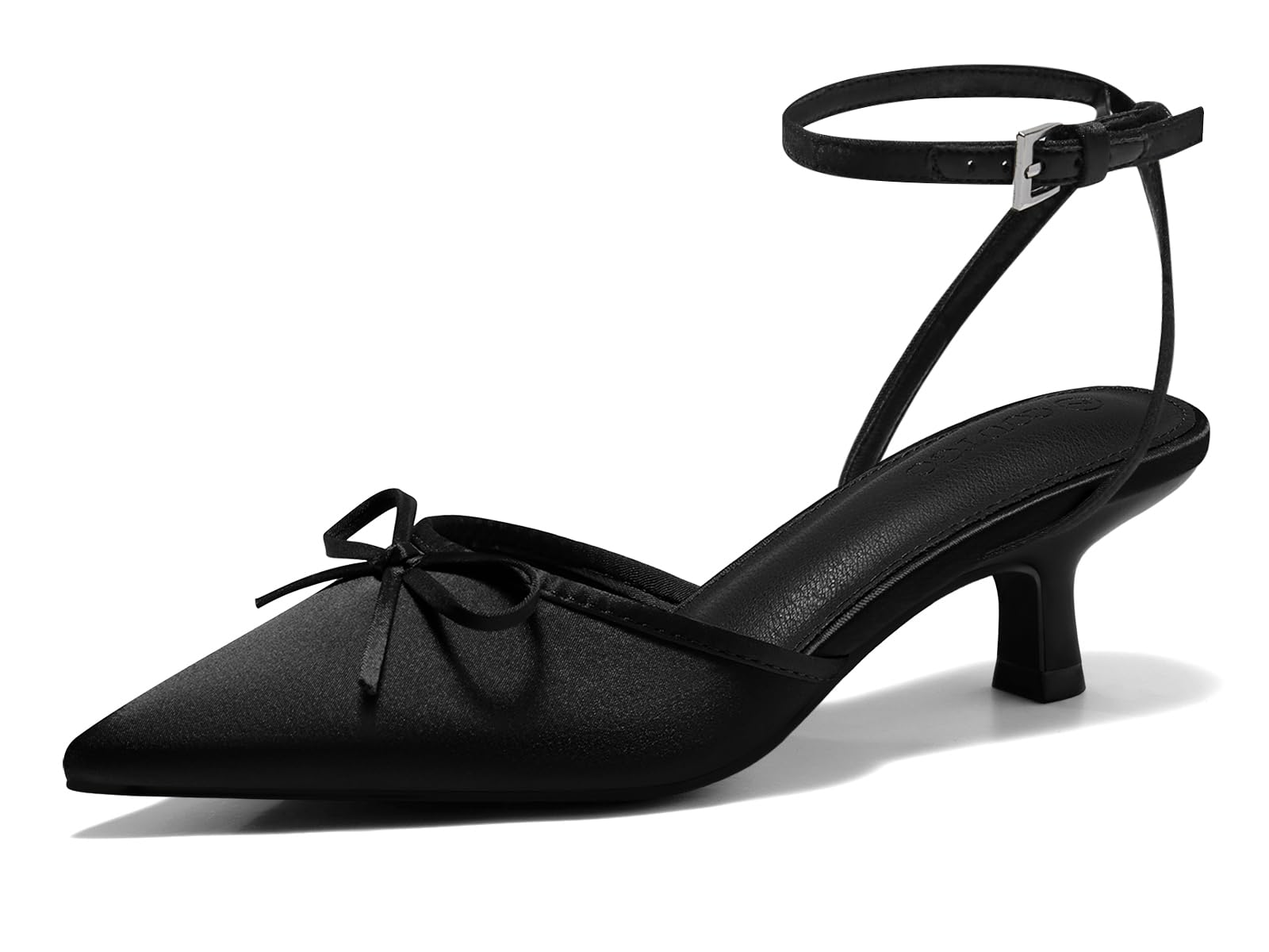 Satin Kitten Low Heels with Bow Closed Pointed Toe Short Pumps Dress Wedding Party Shoes