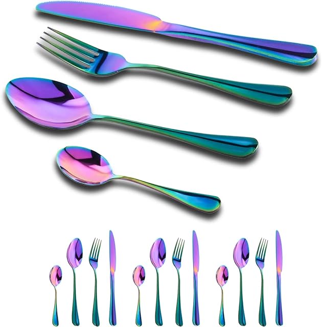 Cutlery Set,16-Piece Stainless Steel Cutlery for 4 People Dinner Spoon Knife and Fork Sets,Tableware and Flatware Rainbow Cutlery
