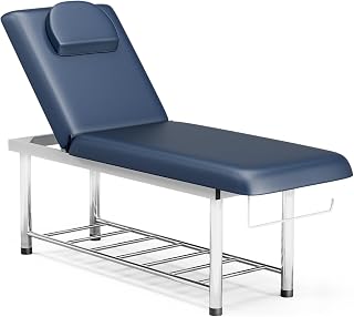 SyyBhb Professional Stationary Massage Table, 550lbs Heavy Duty Exam Bed for Treatment, Backrest Adjustable, Removable Headrest, Bottom Shelf Storage and Towel Hook, Blue