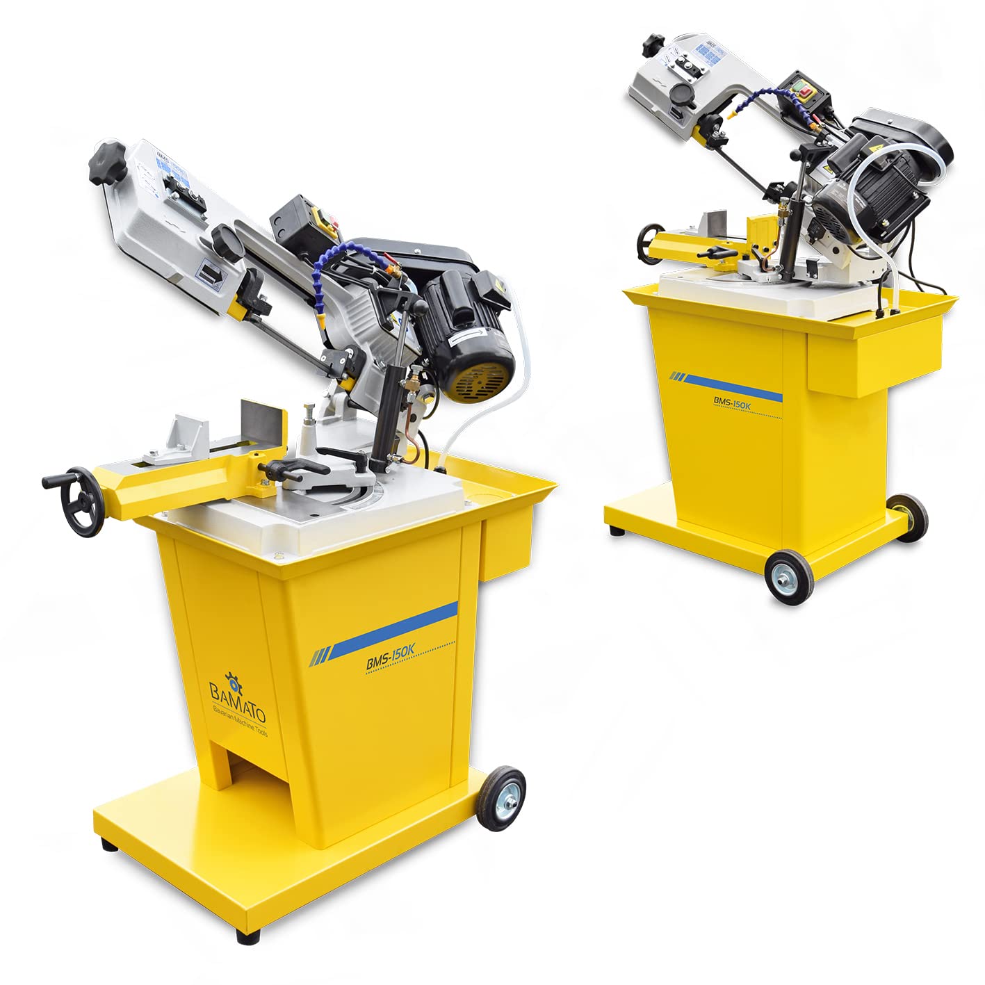 BAMATO Metallbandsäge BMS-150K | 400V Kraftstrom | Inkl. Kühlmitteleinrichtung & Untergestell | Präzisions-Bandsäge für Metallbearbeitung | Gehrung bis 60° | Stationär