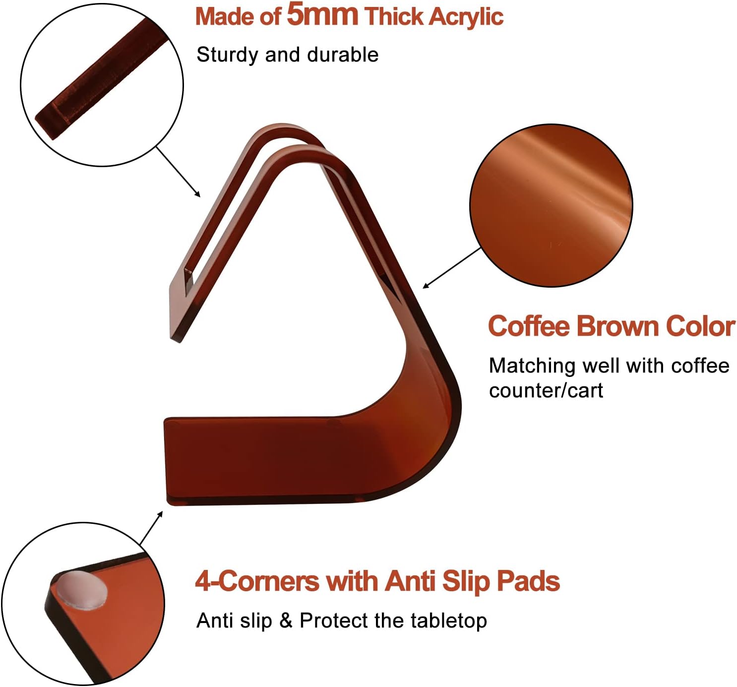 2Pack Luxuriously Polished 5MM Thick Acrylic Coffee Filter Holders (Fit All Size), Cone Coffee Filter Holder (with 8 Anti-Slip Pad), Coffee Paper Storage Container for Kitchen Restaurant Bar(Brown)