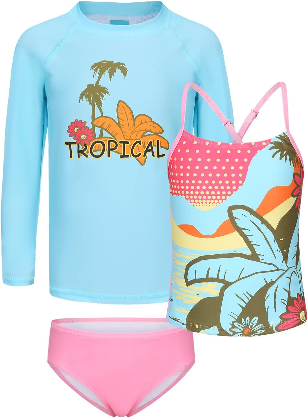 Girls 3 Piece Swimsuits Set Long Sleeve Rash Guard for Girls Tankini Bathing Suits Beach Swimwear 3-16 Years