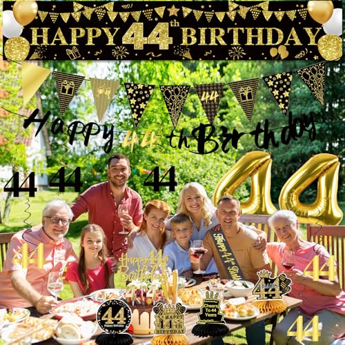 Image of 44th Birthday Decorations for Men, Black Gold 44th Party Decoration Kits | 27pcs Happy 44th Birthday Set: Banner, Honeycomb, Balloons, Gold Number, Candle, Hanging Swirls, Cake Topper, Party Supplies