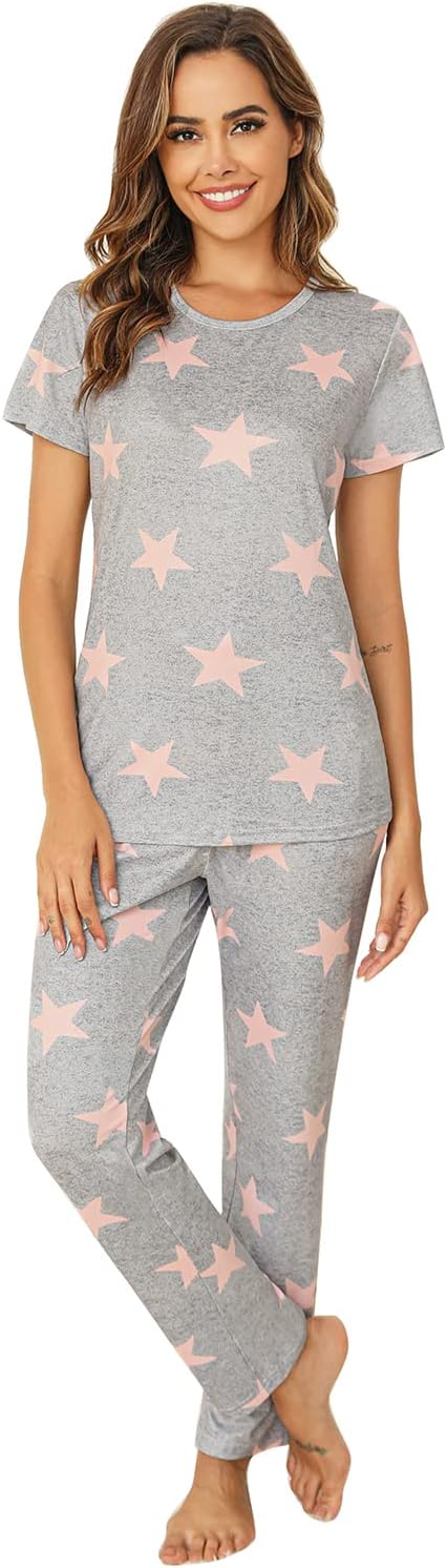 EISHOPEERWomens Star Pajamas Set Short Sleeve Star Printed Tops and Long Pants 2 Pieces PJ Sets Sleepwear Gray X-Large