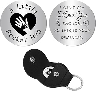A Little Pocket Hug Token Black Heart Hand Long Distance Relationship Keepsake Engraved Stainless Double Sided Pocket Token Coin Sign with Leather Keychains for Daughter Son Gift 1.2Inch, Big Small Hand, 3x3cm