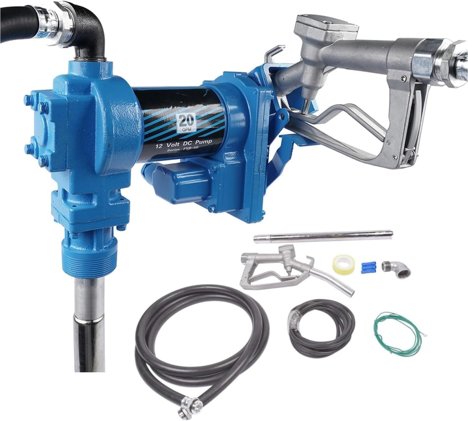20 GPM 12 Volt Fuel Transfer Pump High Flow DC Transfer Pump Gasoline Pump for Transfer of Gasoline, Diesel, Kerosene, Ethanol & Methanol Blends & Biodiesel, with Discharge Hose & Manual Nozzle, Blue