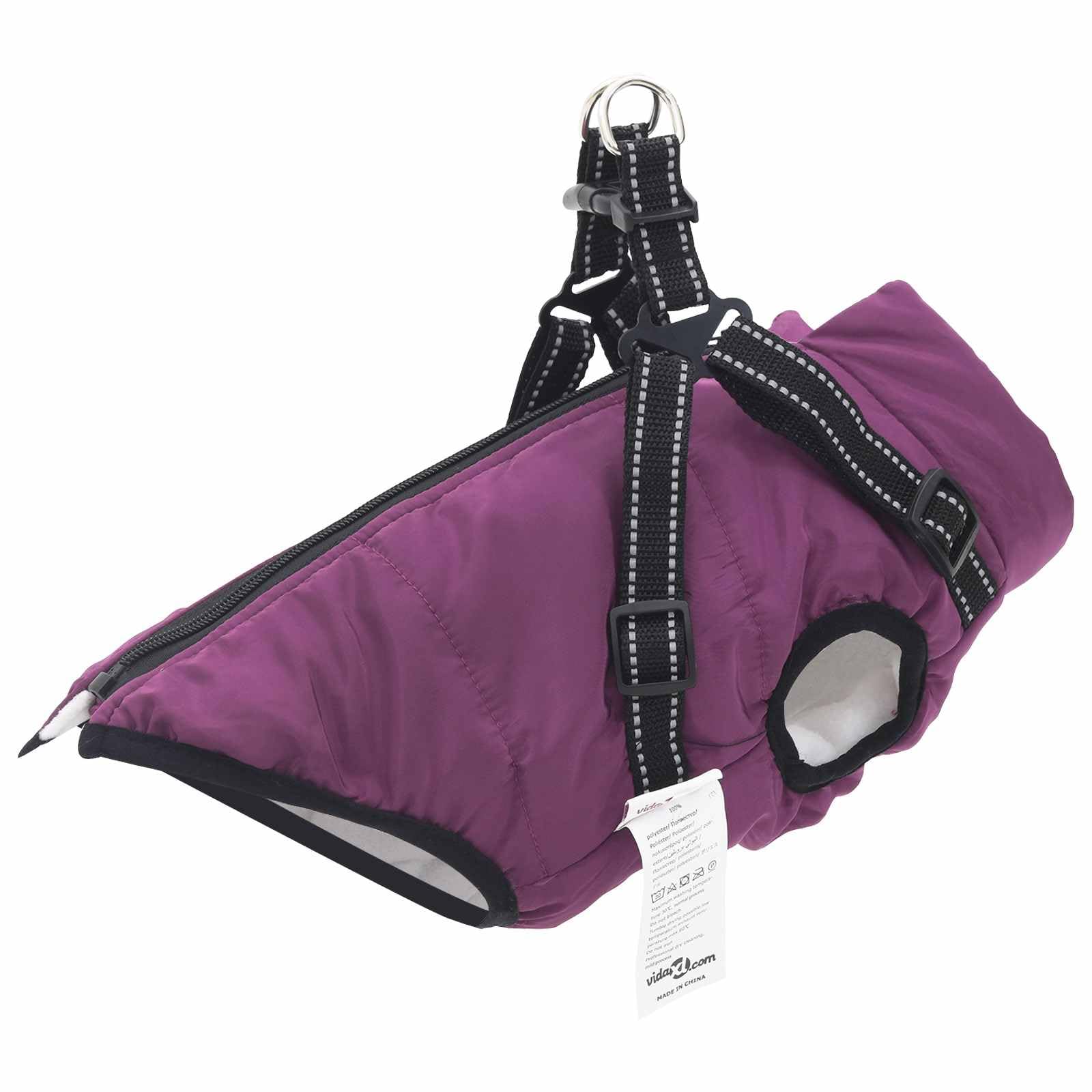 Cappotto per cani viola L28 in pile e poliestere con design riflettente, pettorina regolabile e doppi anelli a D, antivento, impermeabile, caldo, per inverno e autunno