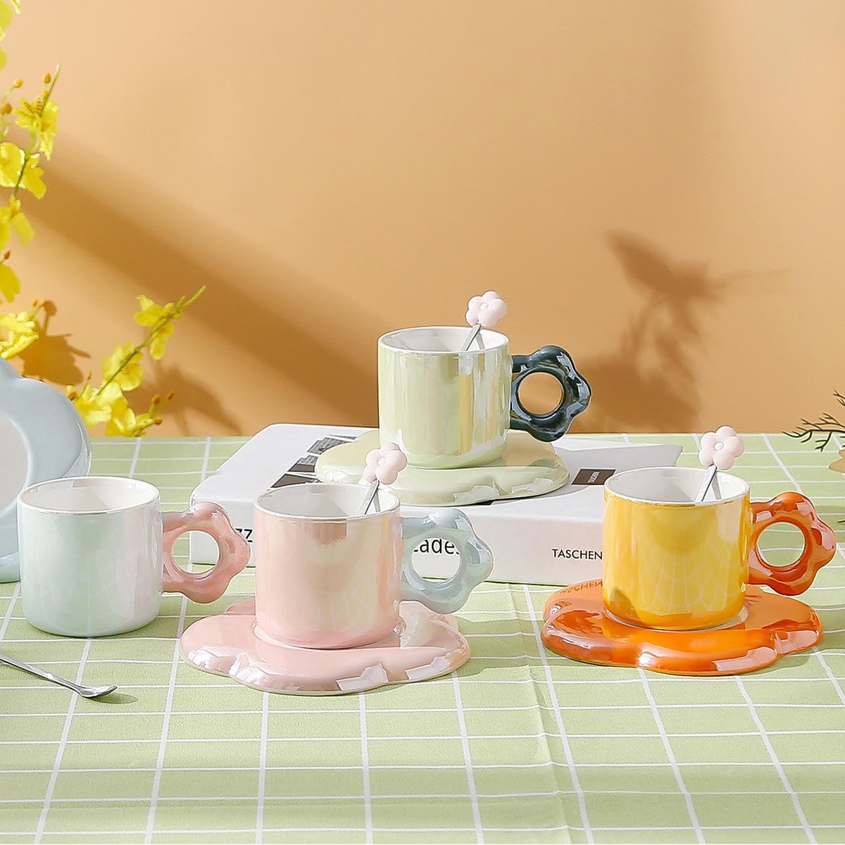 AYUCIA Coffee Cup Set With Wooden Tray - 8OZ Ceramic Mug, Acacia Wood Saucer & Spoon For Latte, Tea, Desserts