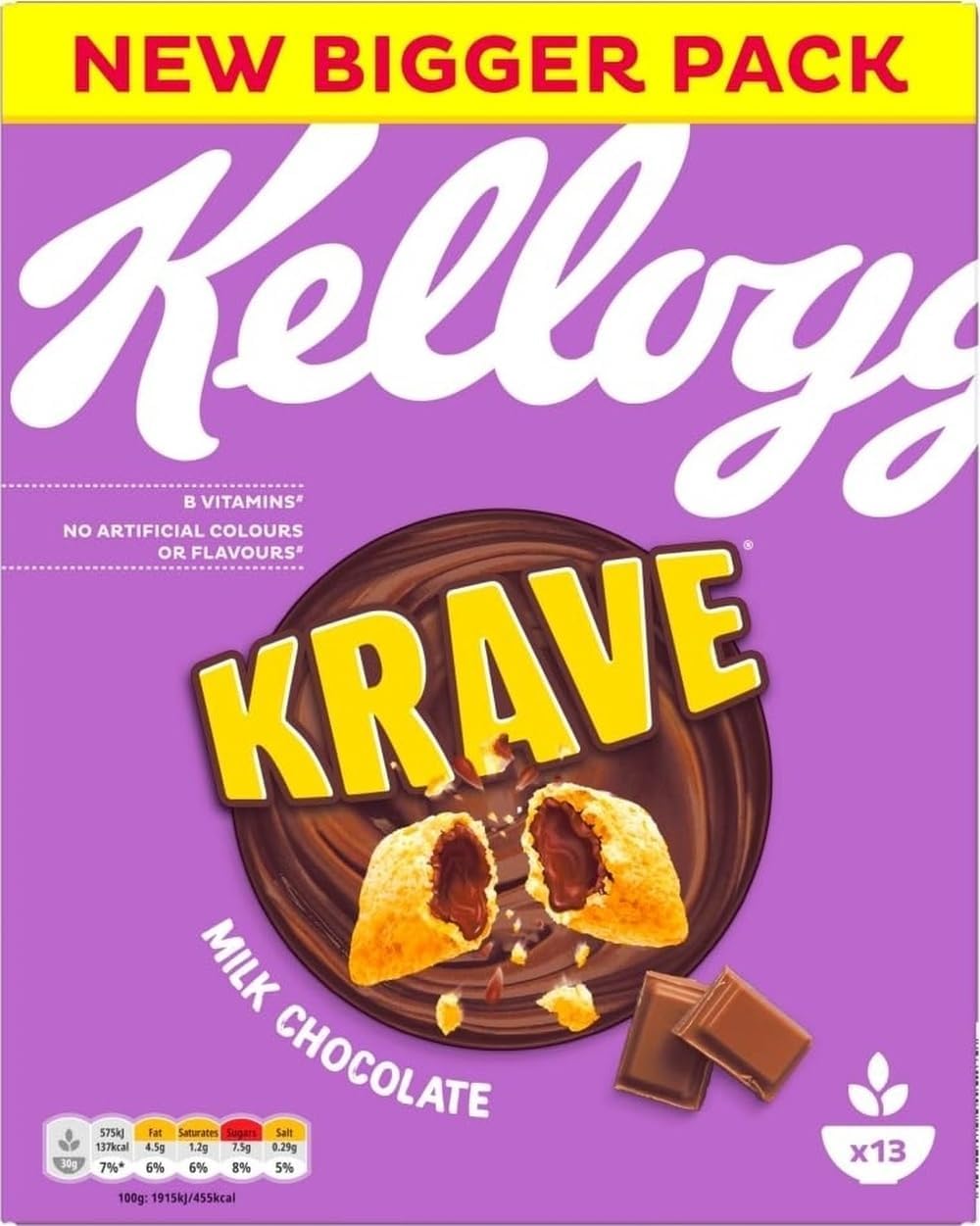 Krave Milk Chocolate Breakfast Cereal 410g | Crispy cereal shells with a milk chocolate flavoured filling, made with wholegrain, a chocolatey breakfast treat
