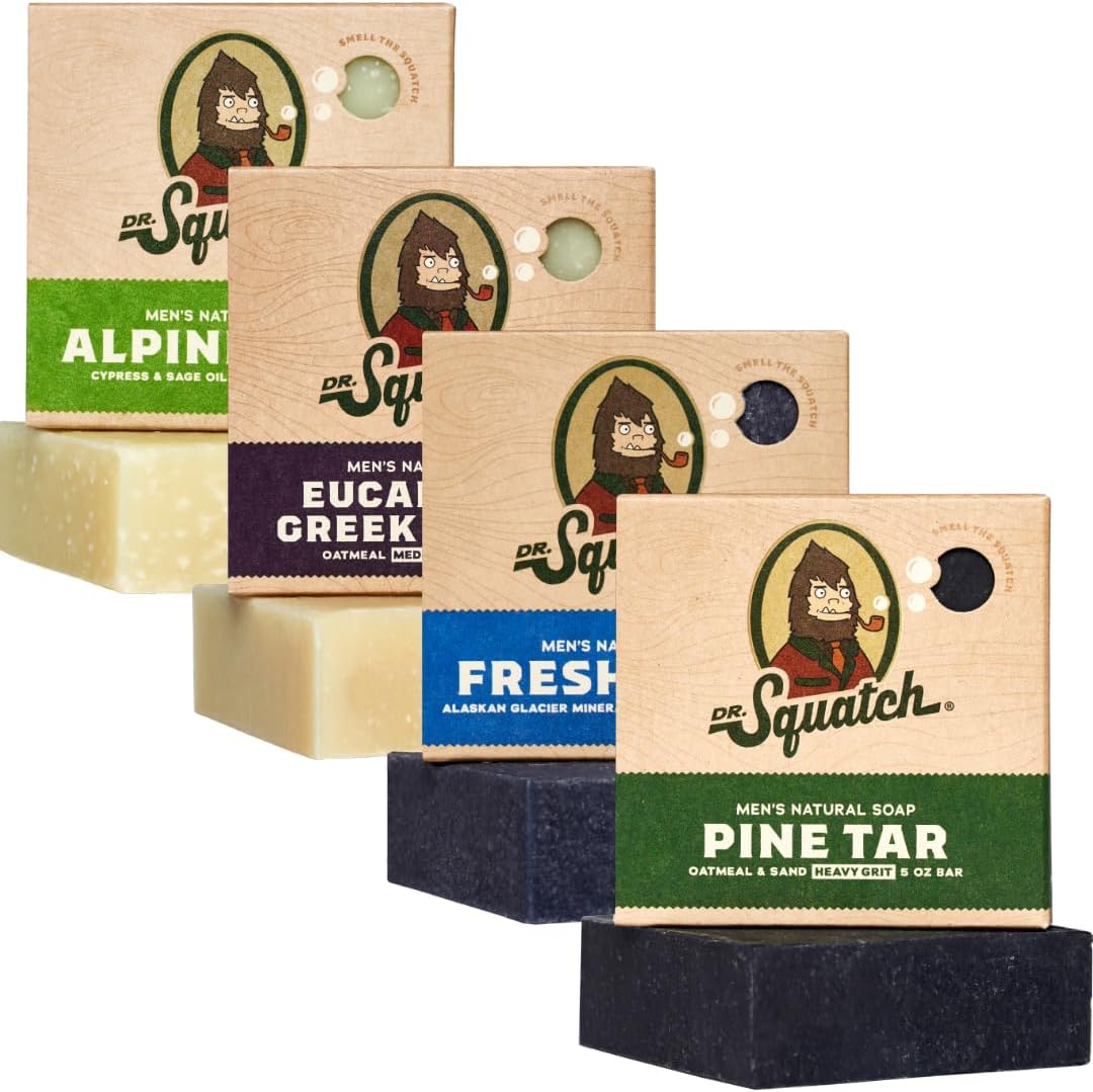 Dr. Squatch Natural Bar Soap for Men - Cold Process Soap with No Harsh Chemicals - Pine Tar, Alpine Sage, Fresh Falls & Eucalyptus Greek Yogurt (5 oz, 4-Pack)
