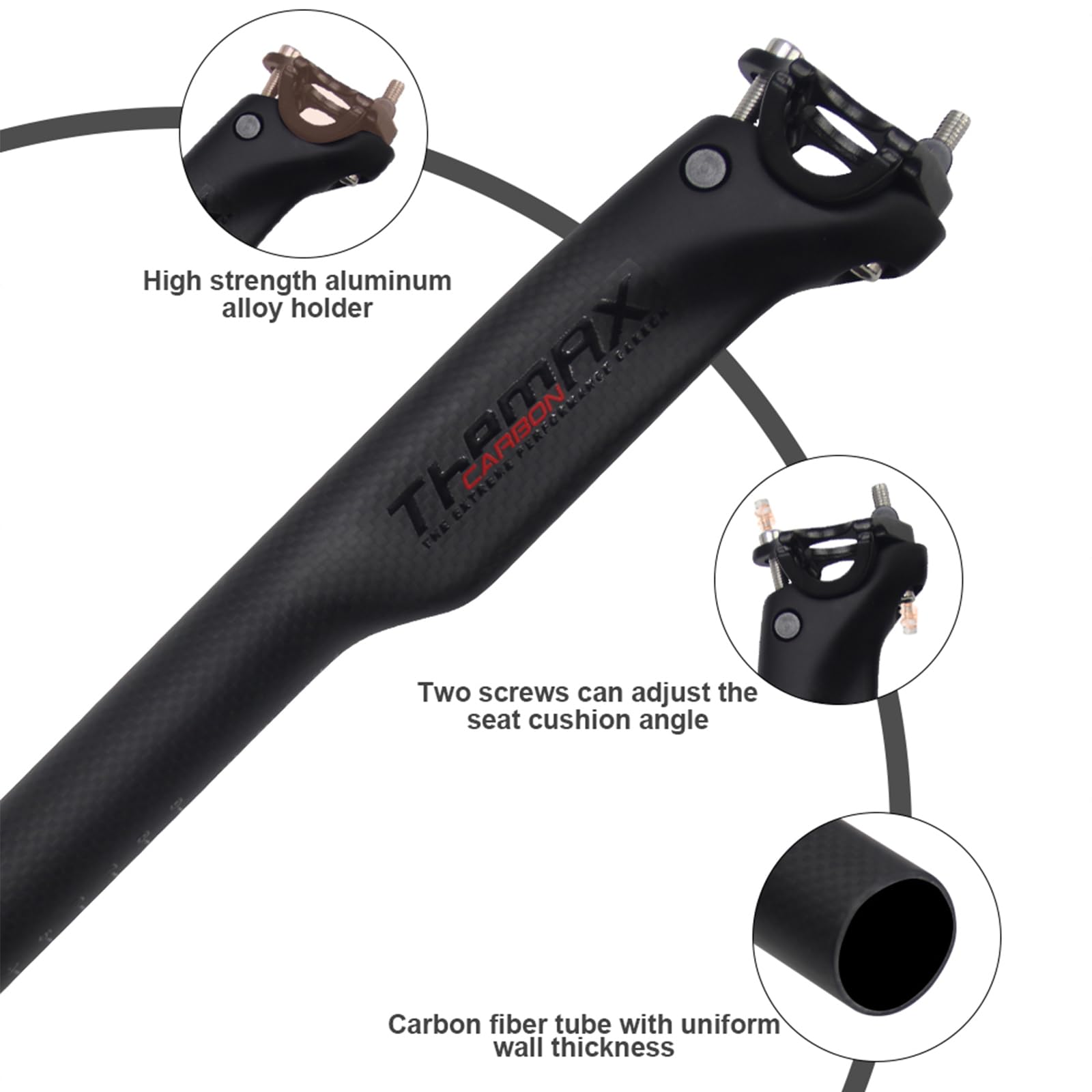 Alfa Pasca Tige de Selle 31.6 Tige de Selle Carbone Tige de Selle Carbone VTT 3K Mat/Brillant 31.6/27.2/30.8mm Tige de Selle Route