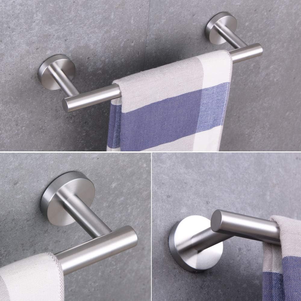 BEIGEEWY 5-Piece Bathroom Hardware Accessory Set Including 12" Towel Bar Toilet Paper Holder Robe Hook 2X Self-Adhesive Hooks SUS 304 Stainless Steel Wall Mounted, Brushed Finish - - 