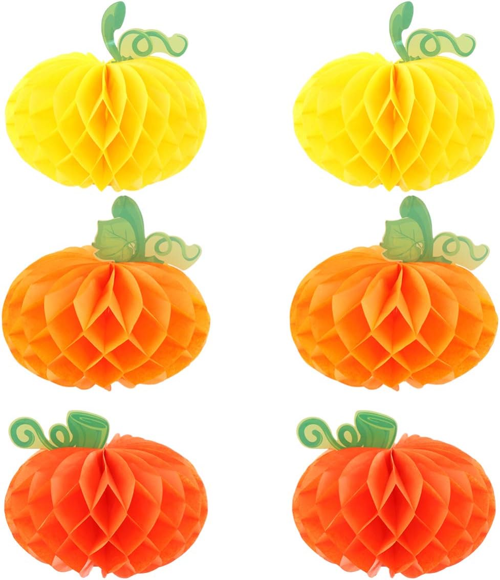 6Pcs Foldable Pumpkin Honeycomb Decorations 7.87 Inch Paper Lanterns for Halloween Party Indoor Outdoor Hanging Festive Pumpkin Honeycomb Centerpieces