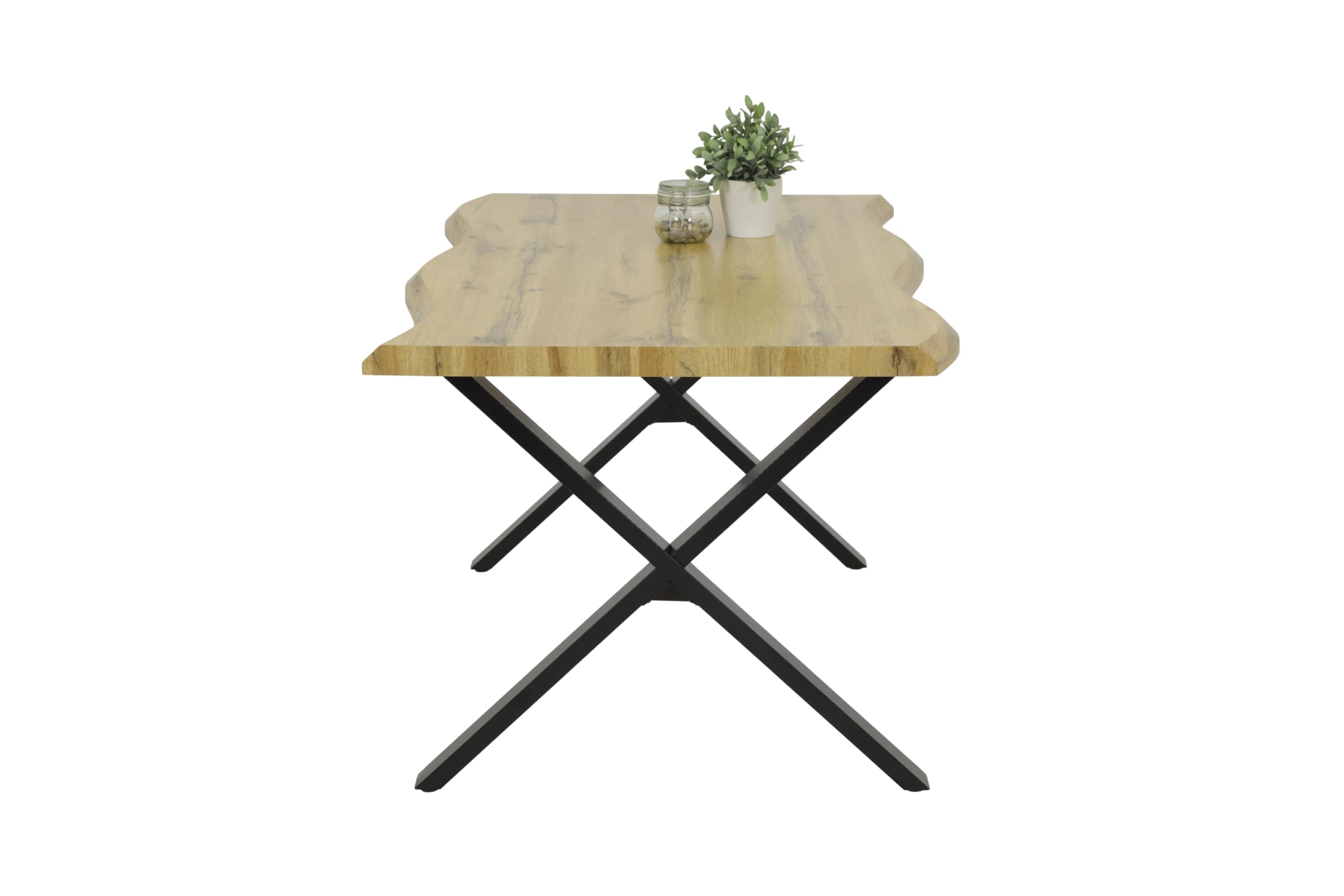 Hela Tische, Esstisch Gerda, Tischplatte 46mm Baumkantenoptik in Wildeiche, X-Gestell Metall Schwarz, 140x90cm