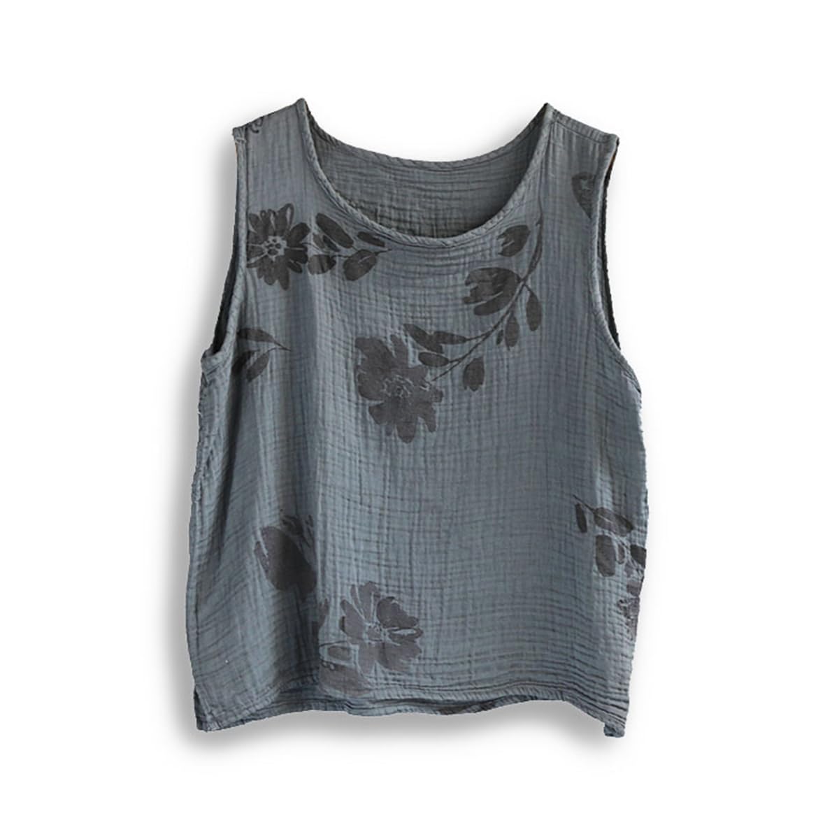 Womens Summer Tank Tops Sleeveless Round Neck Comfy Cotton Textured Literary Printed Vintage Tops