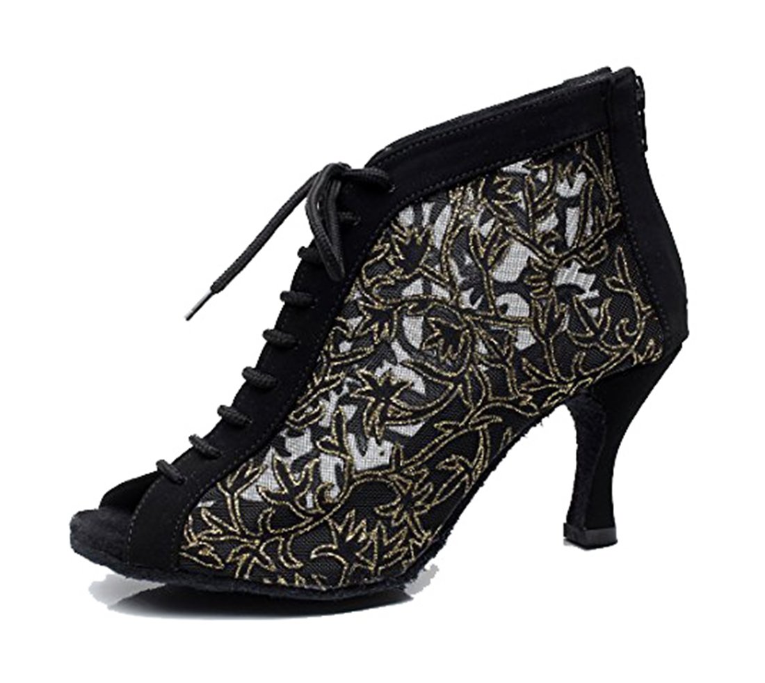 TDA LD196 Womens Black Zipper Net Salsa Tango Ballroom Latin Wedding Party Dance Shoes 8.5 M US