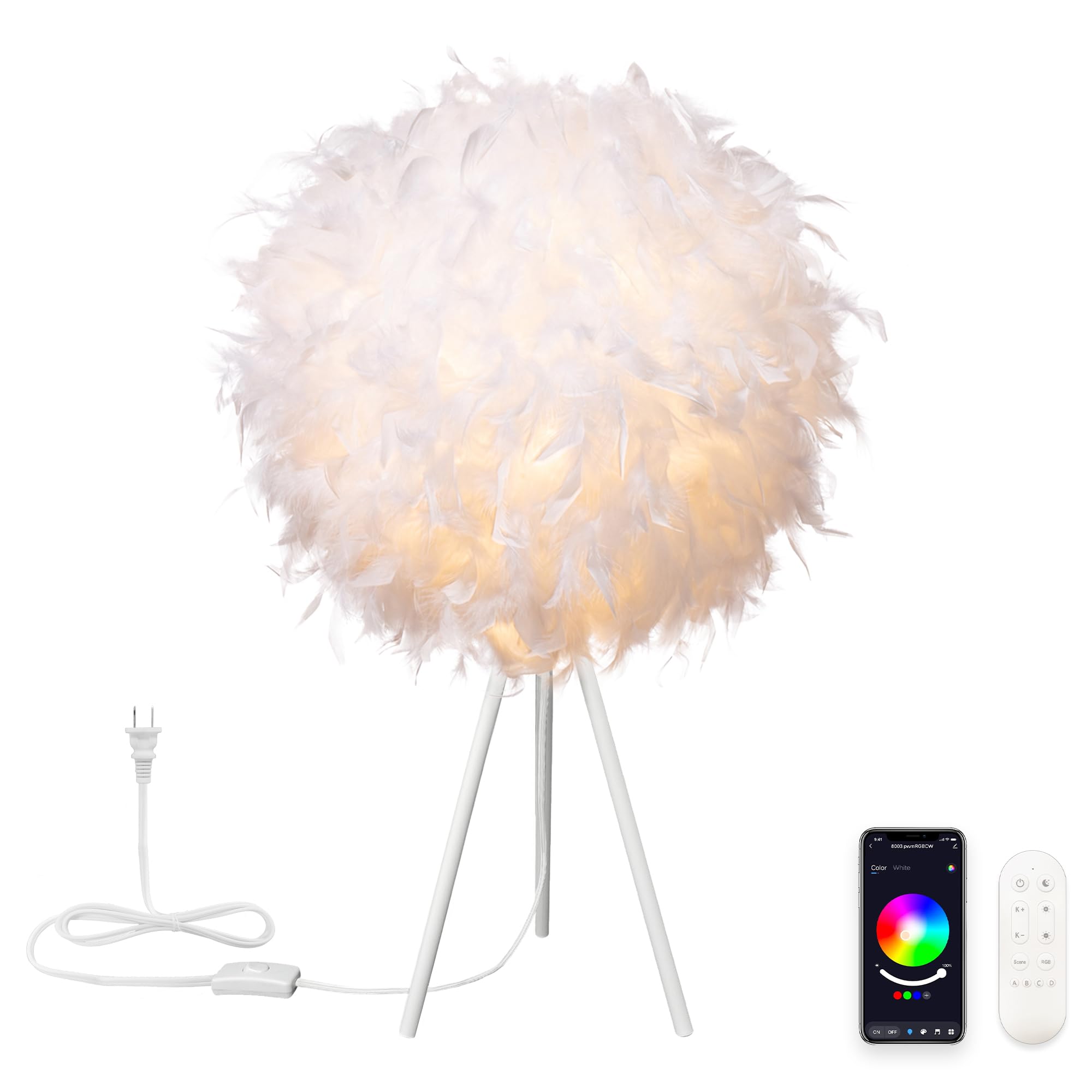 Star Vision Smart Tripod Feather Table Lamp with App & Voice Control, Dimmable E27 LED Bulb Included, Fluffy White Bedside Desk Light for Bedroom Decor, Compatible with Alexa & Google Assistant