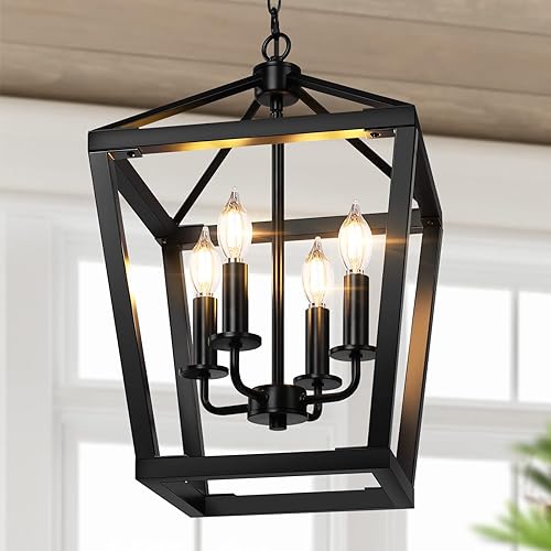 Miniatura 11 de BrightHome - Lámpara de araña de casa de campo de 4 luces, lámpara colgante negra para isla de cocina, comedor, iluminación industrial de farol con