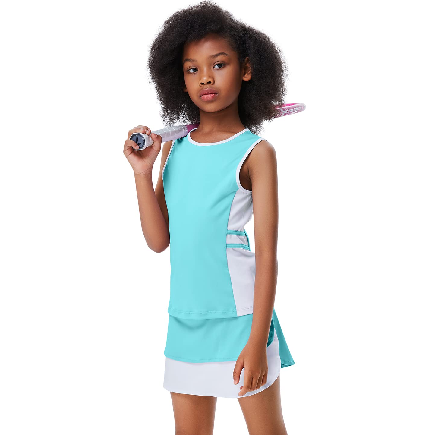 LIONJIEKids Girls Tennis Golf Outfit Sleeveless Dress Tank Top Skorts Skirts Athletic Sets with Shorts Pockets 3-12Y