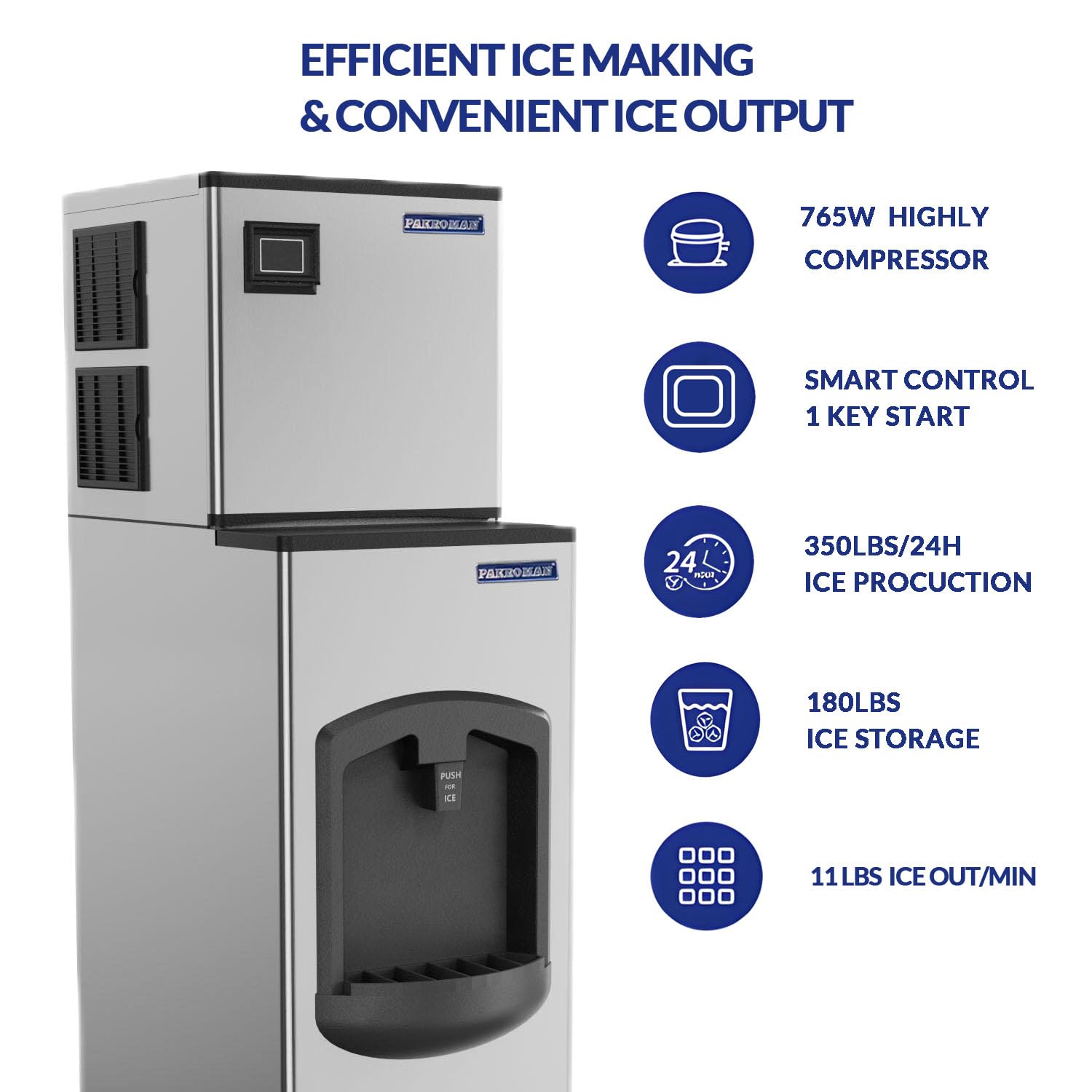 PAKROMAN 22' Air Cooling Commercial Ice Maker Machine, 350LBS per Day, 180LBS Ice Bin Dispenser, ETL&NSF Certified