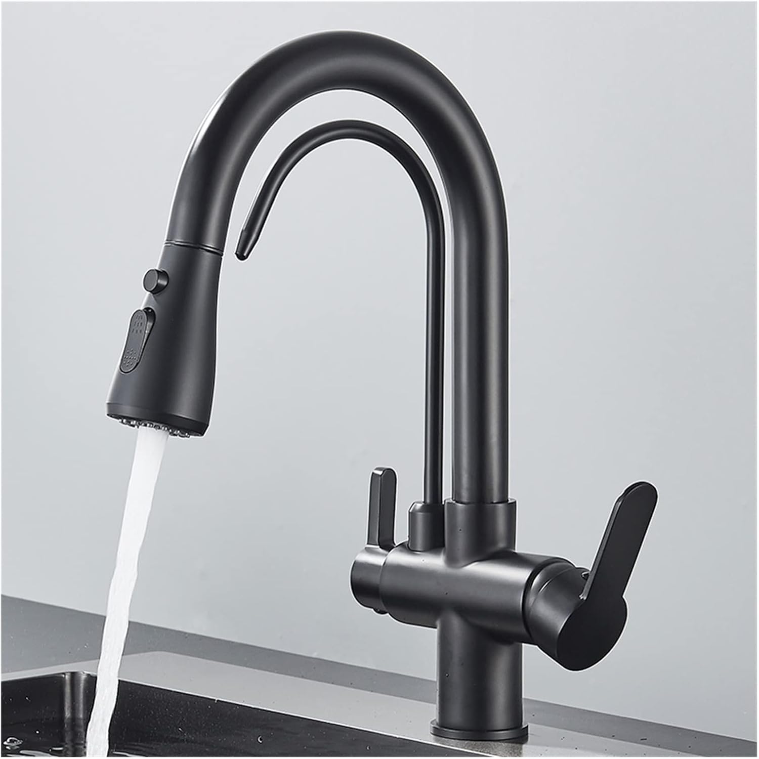 Matte Black 360° Rotating Filtered Crane Kitchen FaucetPullOut Spray 3Way Water Mixer Tap for Modern Kitchen Stylish & Functional Design