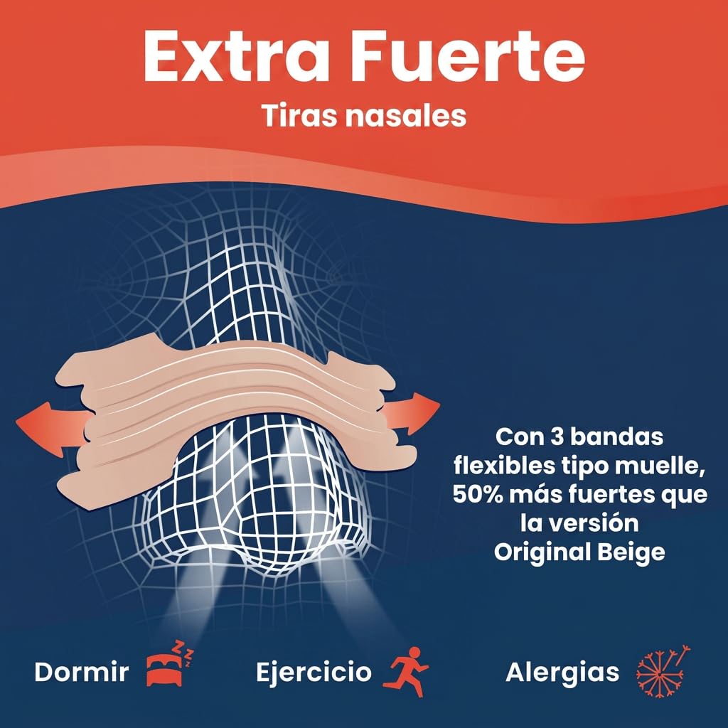 Breathe Right Extra Fuertes - 44 Tiras Nasales | 50% Más Resistentes | Alivio Instantáneo de la Congestión Nasal y Ronquidos | Mejora la Respiración y el Sueño | Ideales para Deporte