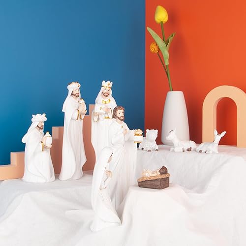 Miniatura 6 de Juegos de Belén para Navidad en interiores, belén pintado a mano para interiores de 7.5 pulgadas, decoración navideña, juego de 9 piezas