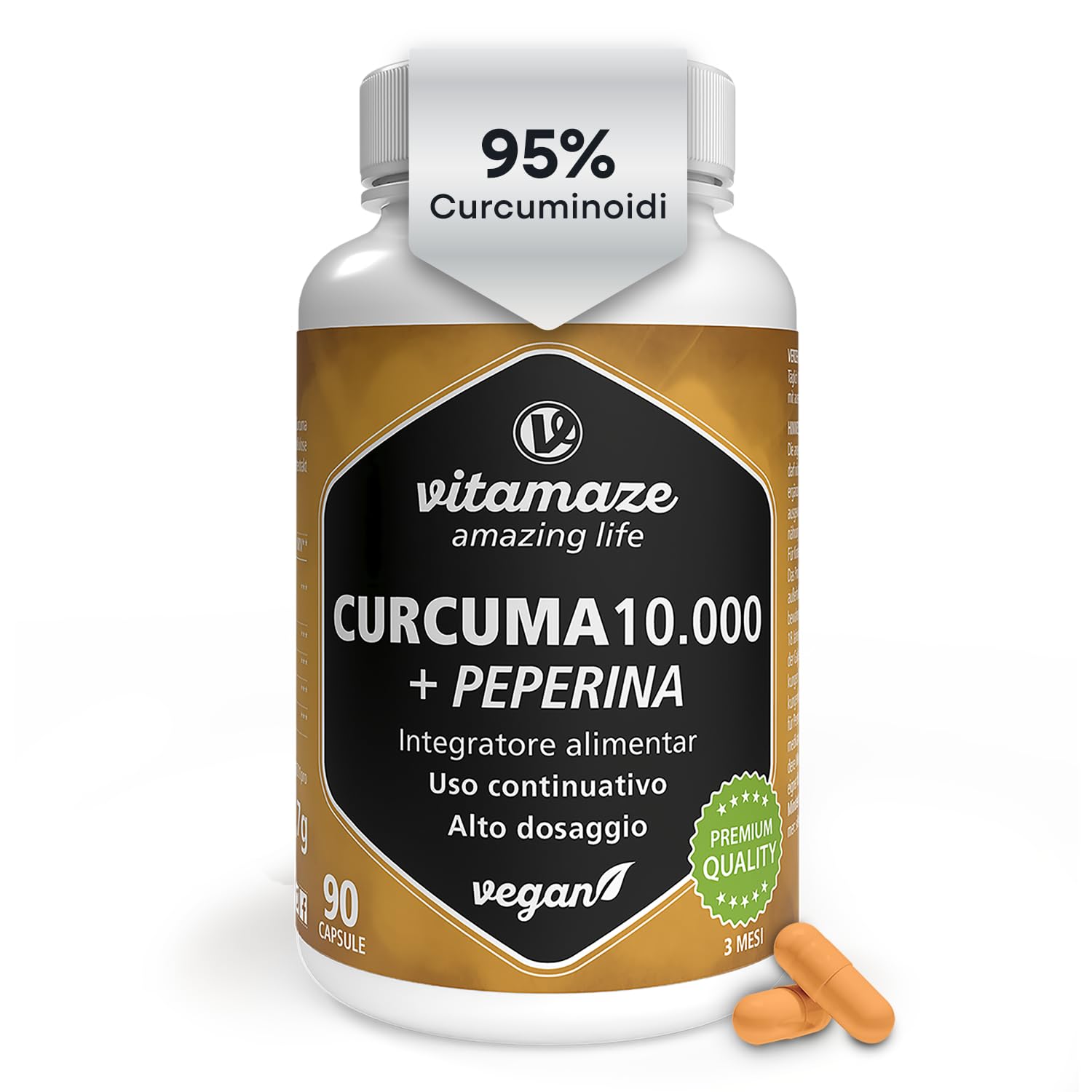 Curcuma Premium 10.000 mg ad Alto Dosaggio al 95%, 1 Capsula al Giorno per 3 Mesi, con Curcumina e Piperina Bioattiva (Bioperine), Curcuma Capsule, Senza Additivi, Prodotto in Germania, Vitamaze