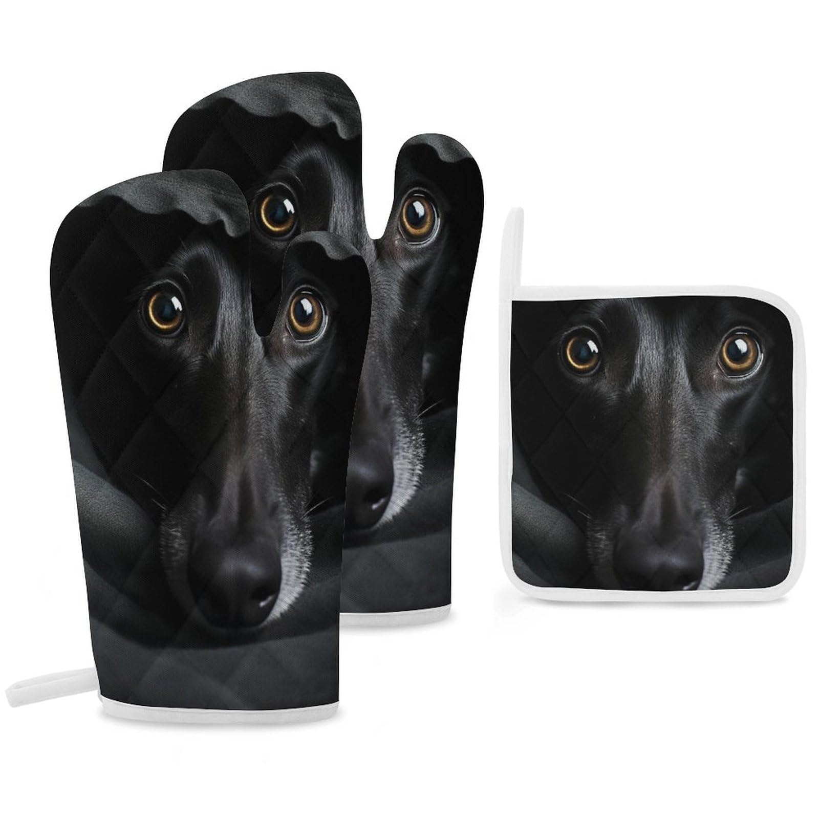 Oven Mitts And Pot Holders Sets of 3 Heat Resistant BBQ Gloves Dog in Quilt Oven Mitts Gloves Non-Slip Kitchen Mittens Potholders for Cooking Baking Grilling BBQ Microwave