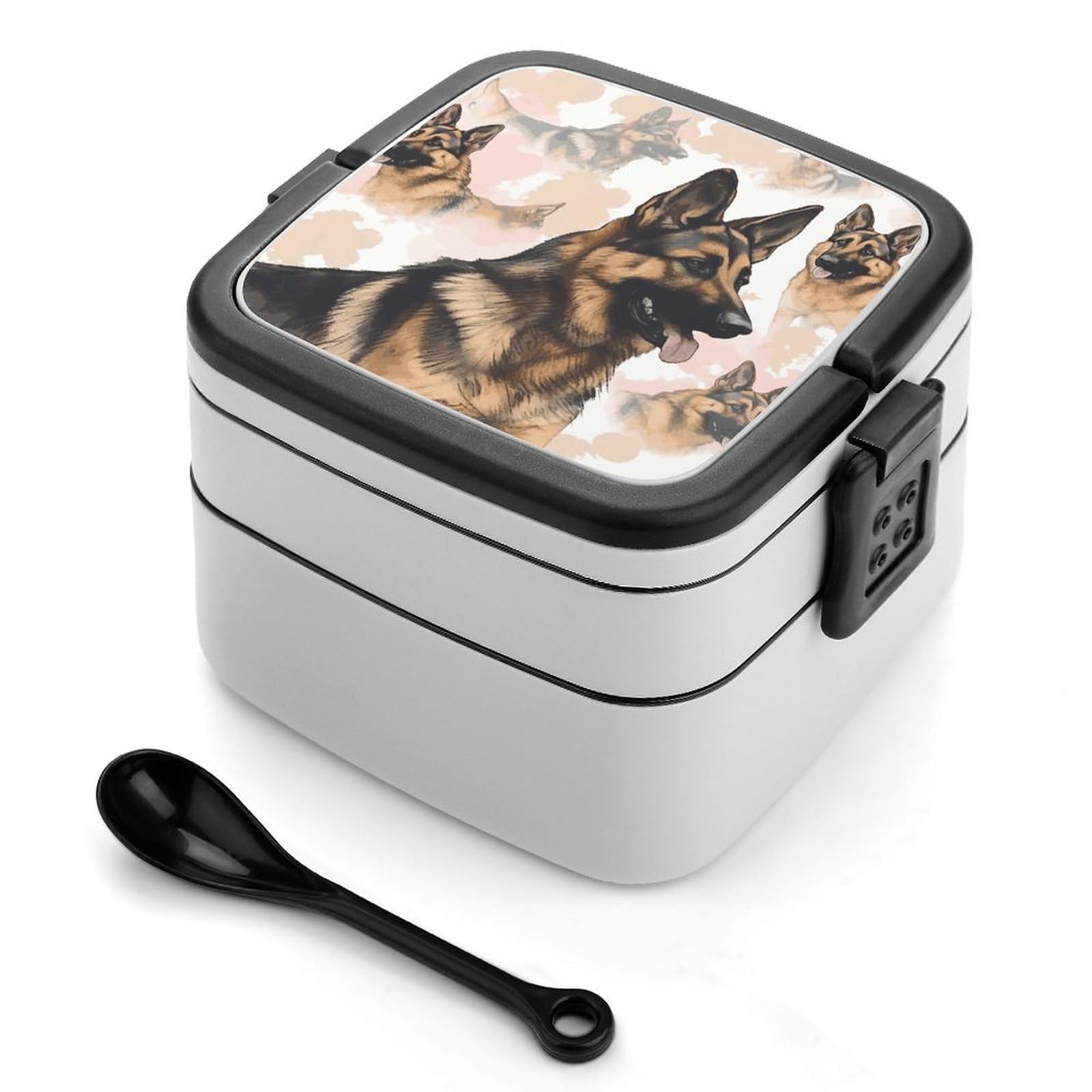 GFLFMXZW German Shepherd Dog Lovers Bento Box Adult Lunch Box All-in-One Lunch Containers with Removable Compartments Double Layer Bento Lunch Box with Spoon And Handle Stackable Lunchbox