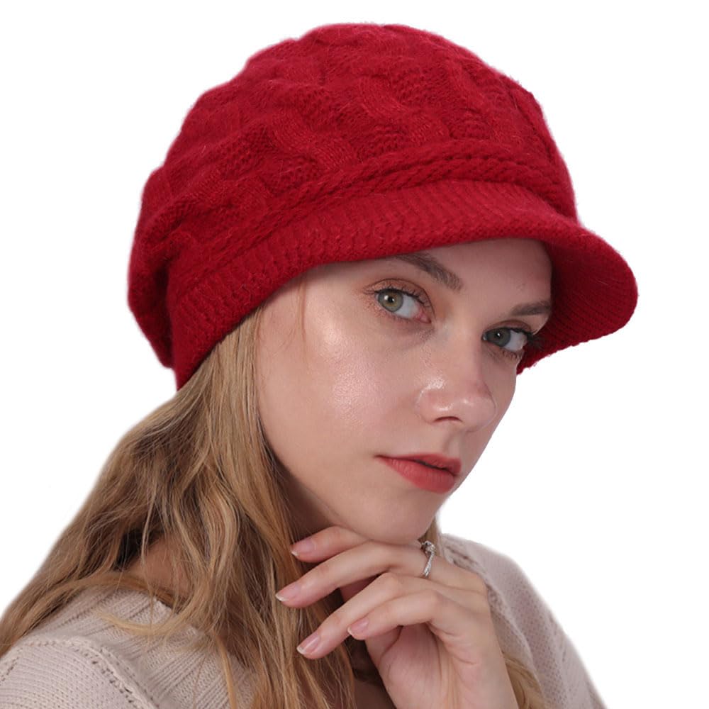 Kangqifen Women Winter Warm Knit Beanie Hat with Visor Wool Ski Cap Red