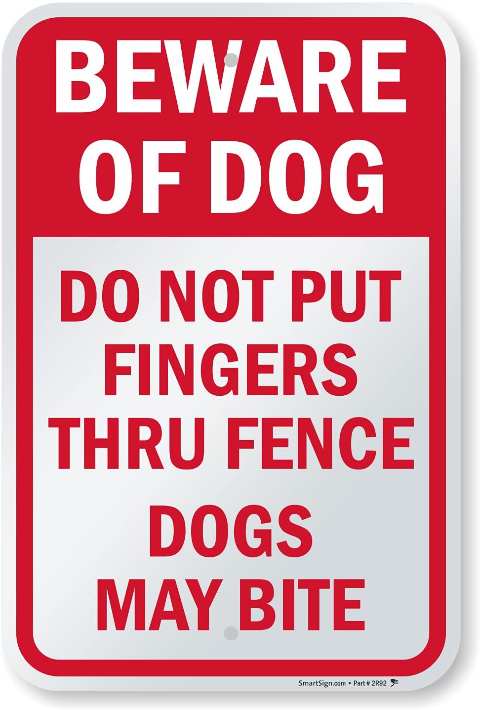 SmartSign 12 x 10 inch “Beware Of Dog - Do Not Put Fingers Thru Fence, Dogs May Bite” LawnBoss Yard Sign with 3 foot Stake, 40 mil Laminated Rustproof Aluminum, Red and White, Set of 1
