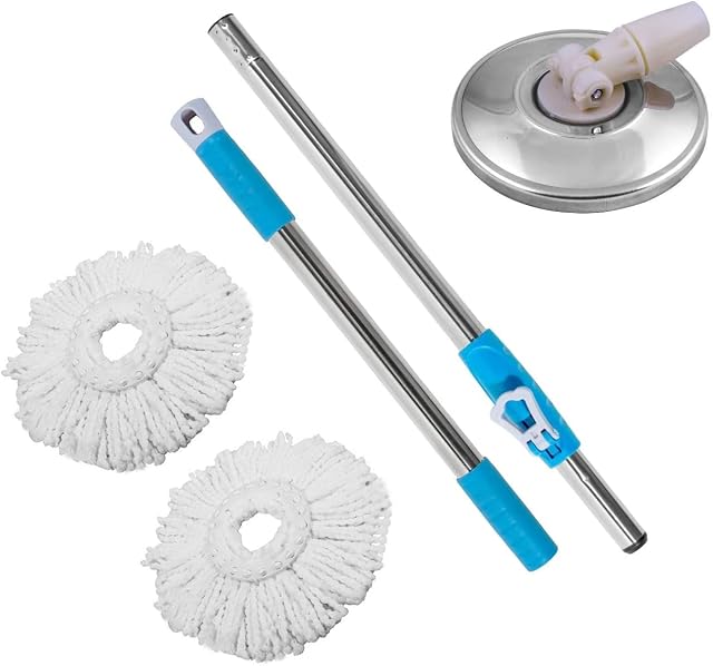 Neez Mop Handle Set with 2 Microfibre Mop Heads, Home Cleaner Super Absorbent Stainless Steel Adjustable Height Handle (Blue Mop Handle Set)