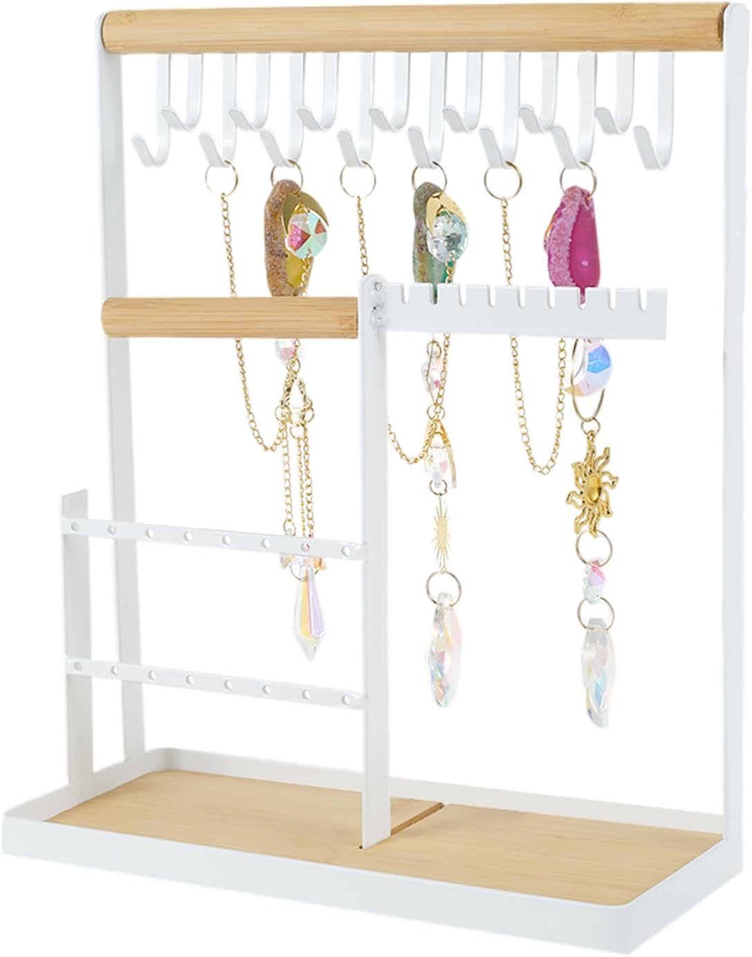 Jewelry Organizer Stand Multipurpose Jewelry Display Holder 4-Tier Jewelry Tower with 15 Hooks 16 Holes Metal Necklace Bracelet Hanging Holder Rack Sturdy Ring Desktop Holder