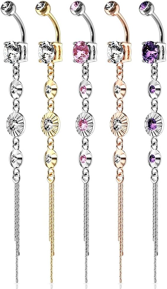 Pierced Owl - 14GA 316L Stainless Steel CZ Centered Crystal Drop Chain Dangling Belly Button Ring - Image 3